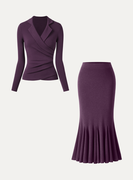 2Pcs Set Collared Surplice Top & High-Rise Mermaid Midi Skirt