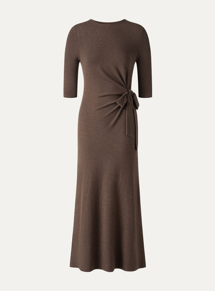 Slub Ribbed Round Neck Elbow Sleeve Tie-Waist Midi Dress
