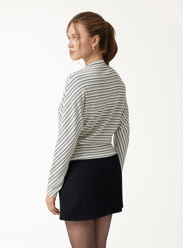 Stripe Mock Neck Batwing Sleeve Top
