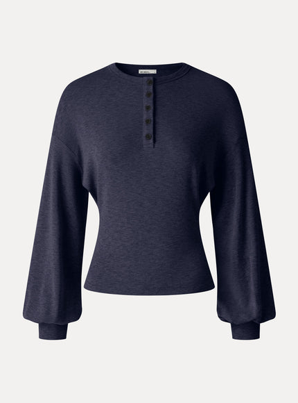 Slub Ribbed Henley Neck Batwing Sleeve Close-Fit Hem Top