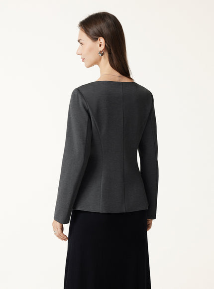 2Pcs Set Neck Long Sleeve Jacket with Pockets & Mid-Rise Wide-Leg Pants with Pockets