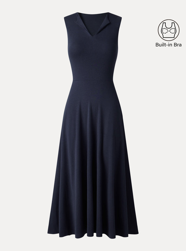 Ribbed Collared V-Neck Sleeveless A-Line Midi Built-In Bra Dress with Pockets