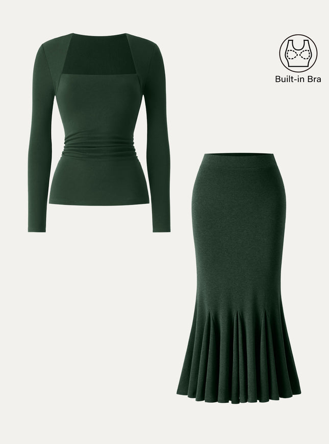 2Pcs Set Trapeze Neck Ruched Built-In Bra Top & High-Rise Mermaid Midi Skirt