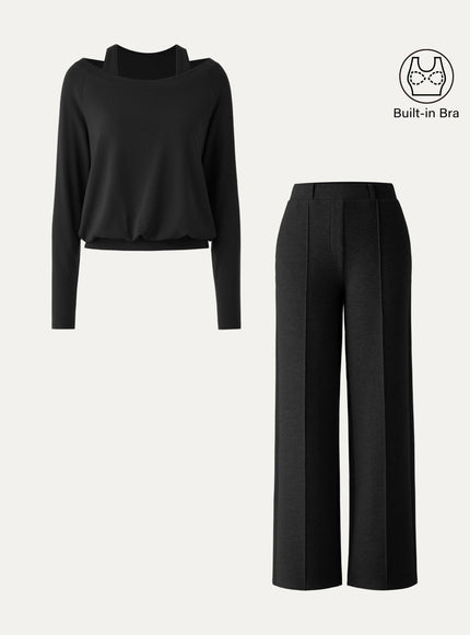 2Pcs Set Multi-Wear Layering Built-In Bra Top & High Waisted Straight Leg Pull On Pant