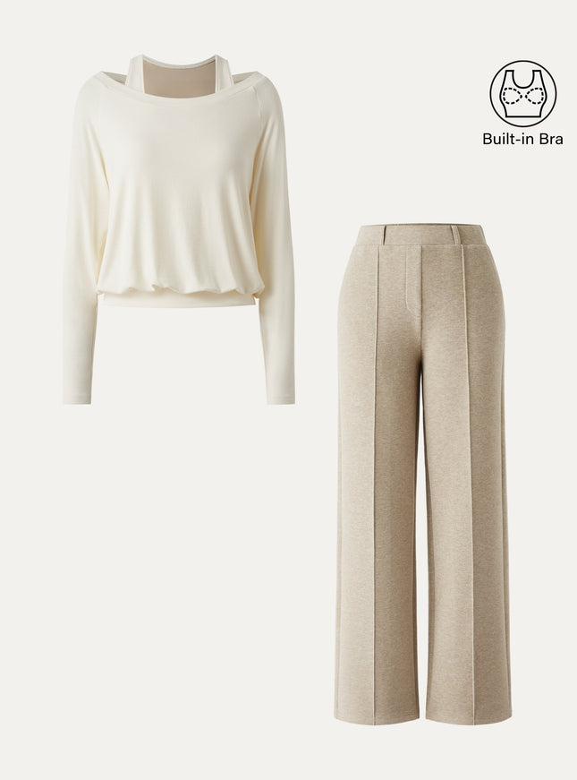 2Pcs Set Multi-Wear Layering Built-In Bra Top & High Waisted Straight Leg Pull On Pant
