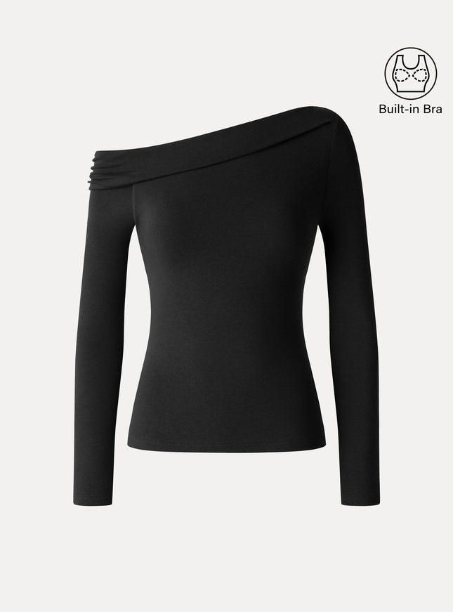 Asymmetrical Neck Long Sleeve Built-In Bra Top