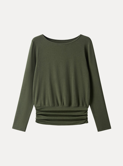 Boatneck Long Sleeve Ruched Banded Hem Top