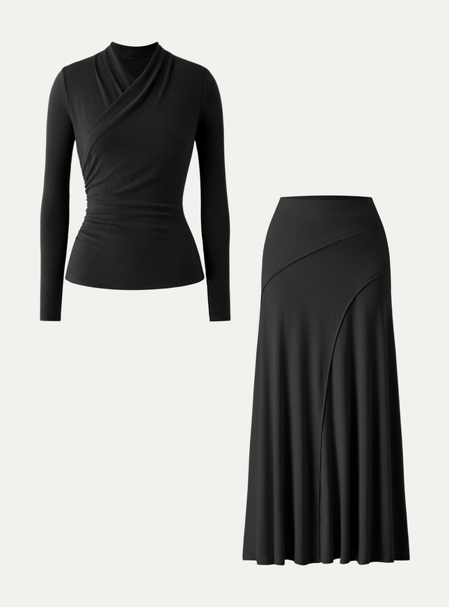 2Pcs Set Surplice Long Sleeve Top & A-Line Midi Skirt