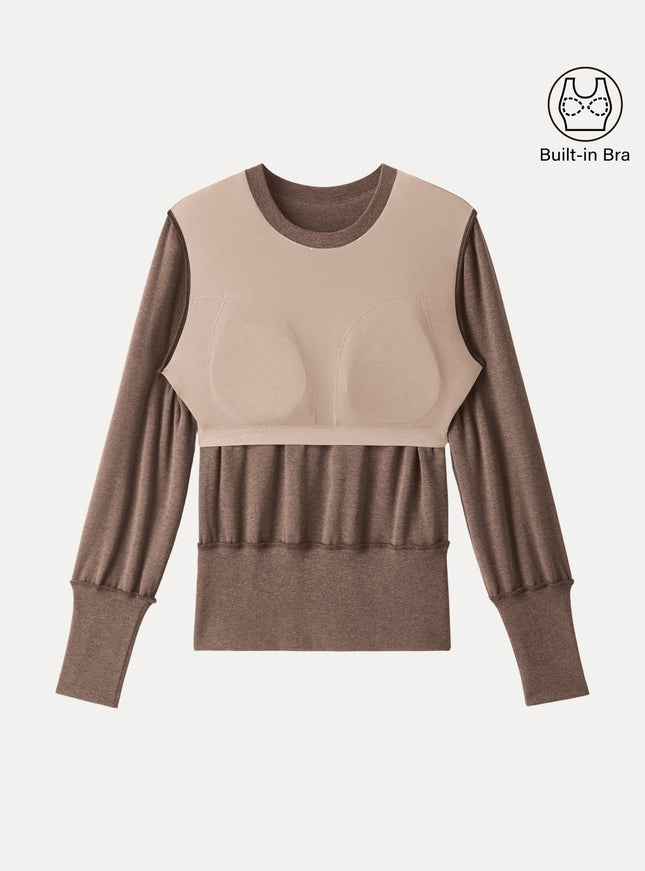 Elevated Crewneck Brushed Built-In Bra Top with Banded Hem