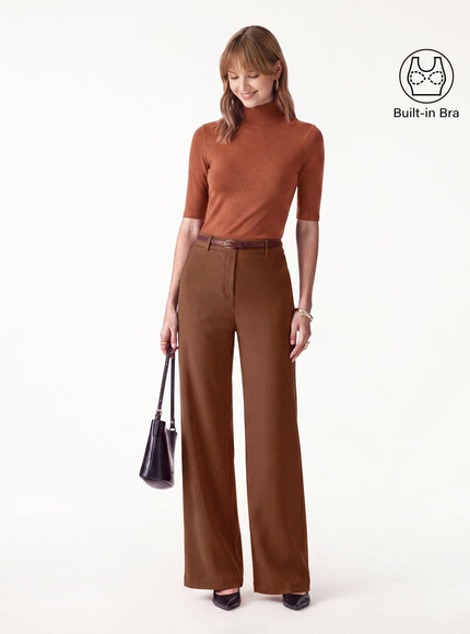 2Pcs Set Elbow Length Sleeve Built-In Bra Top & High-Rise Wide Leg Pants