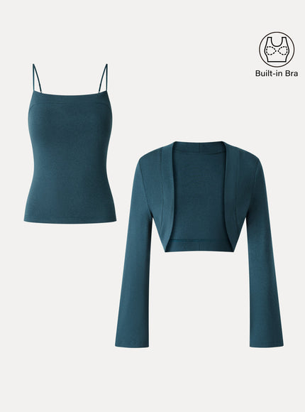 2-Piece Top Set Square Neck Spaghetti Strap Bell Sleeve Built-In Bra Cami
