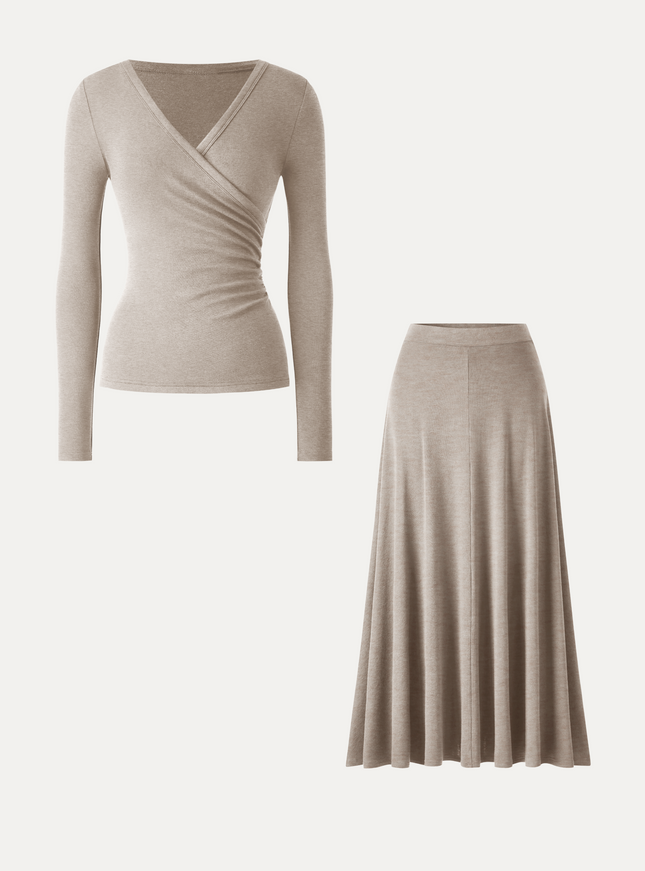 2Pcs Set Surplice Ruched Top & Blend Mid-Rise Umbrella Maxi Skirt