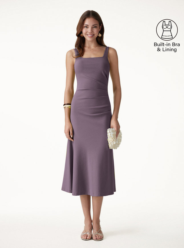 Square Neck Tucked Open Back Built-In Bra Dress