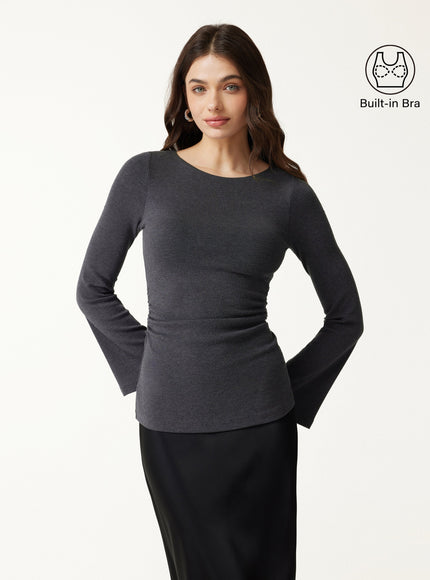 Round Neck Bell Sleeve Ruched Built-In Bra Top