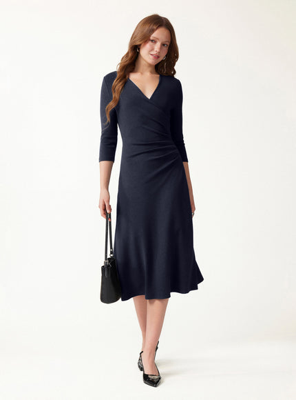 Surplice 3/4 Sleeve Side-Tuck Midi Dress