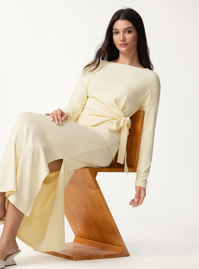 2Pcs Set Boatneck Long Sleeve Top & Mid-Rise Side-Slit Column Midi Skirt