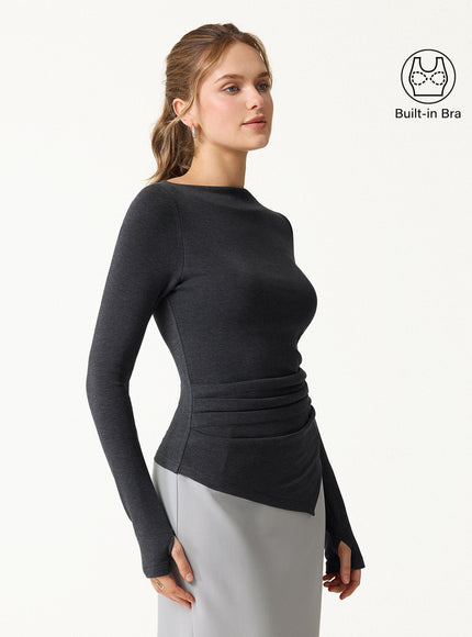 Boatneck Side Tucks Asymmetrical Built-In Bra Top