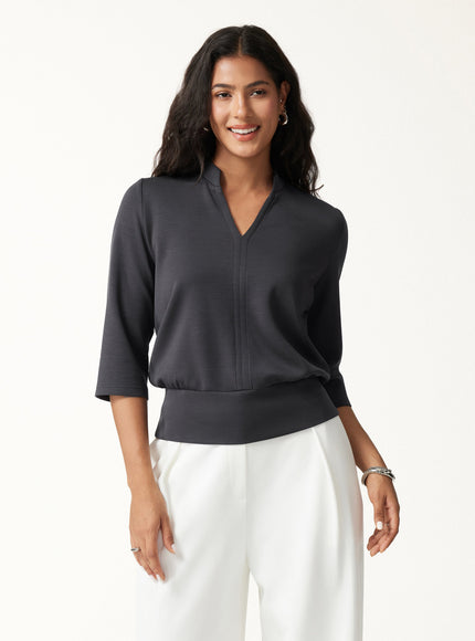 2Pcs Set V-Neck Elbow Sleeve Top & High-Rise Wide Leg Pants with Pockets