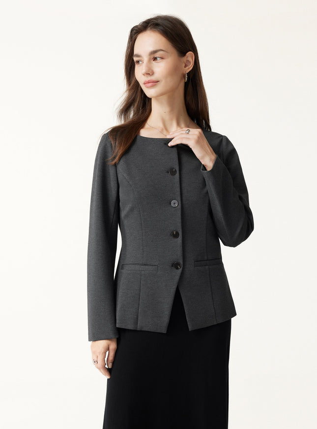 Ponte Office Round Neck Long Sleeve Jacket with Pockets