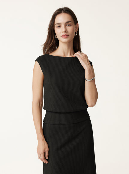 Textured Cotton Blend Boatneck Sleeveless Banded Hem Top