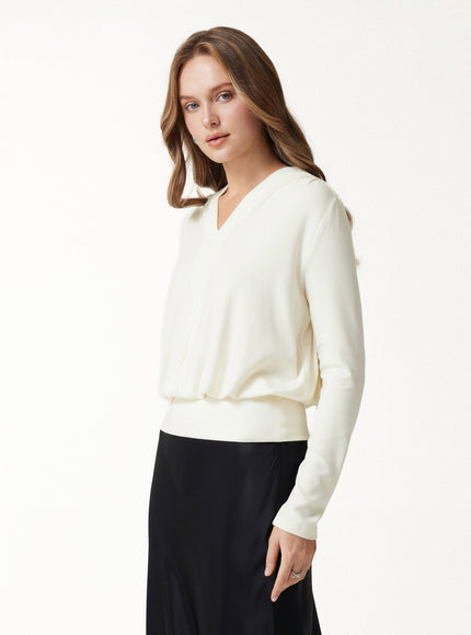 V-Neck Long Sleeve Ruched Banded Hem Top