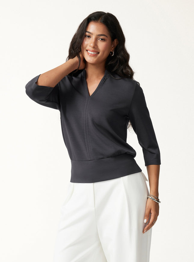 Lyocell Spacer Knit V-Neck Elbow Sleeve Banded Top