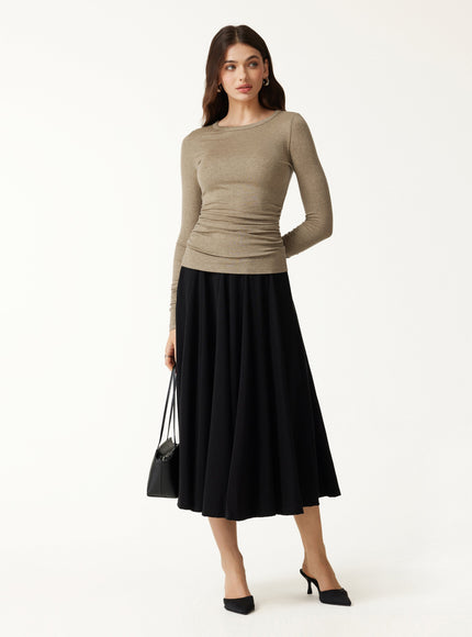 Lyocell-Wool Round Neck Long Sleeve Ruched Top