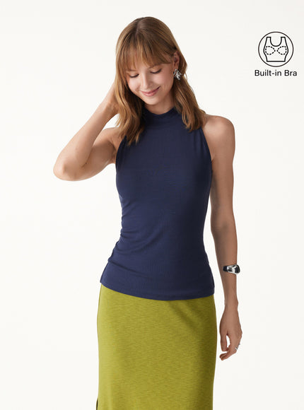 Lyocell-Wool Knit Mock Neck Built-In Bra Top