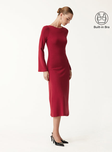 Boatneck Bell Sleeve Midi Built-In Bra Dress