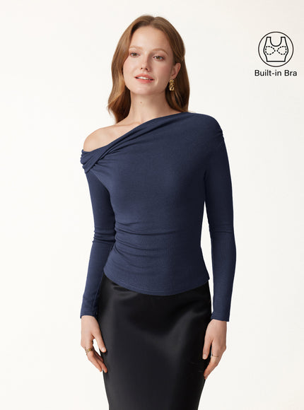 Convertible Neck Long Sleeve Built-In Bra Top