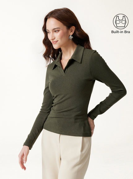 Office Staple V-Neck Lapel Long Sleeve Built-In Bra Top