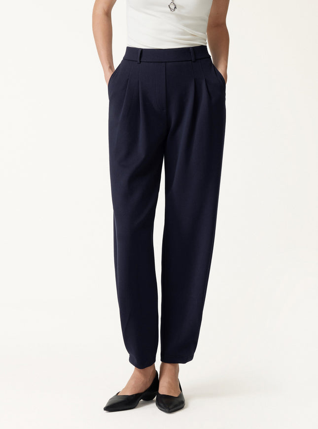 Stretch Ponte High-Rise Ankle Tapered Tuck Pants with Pockets