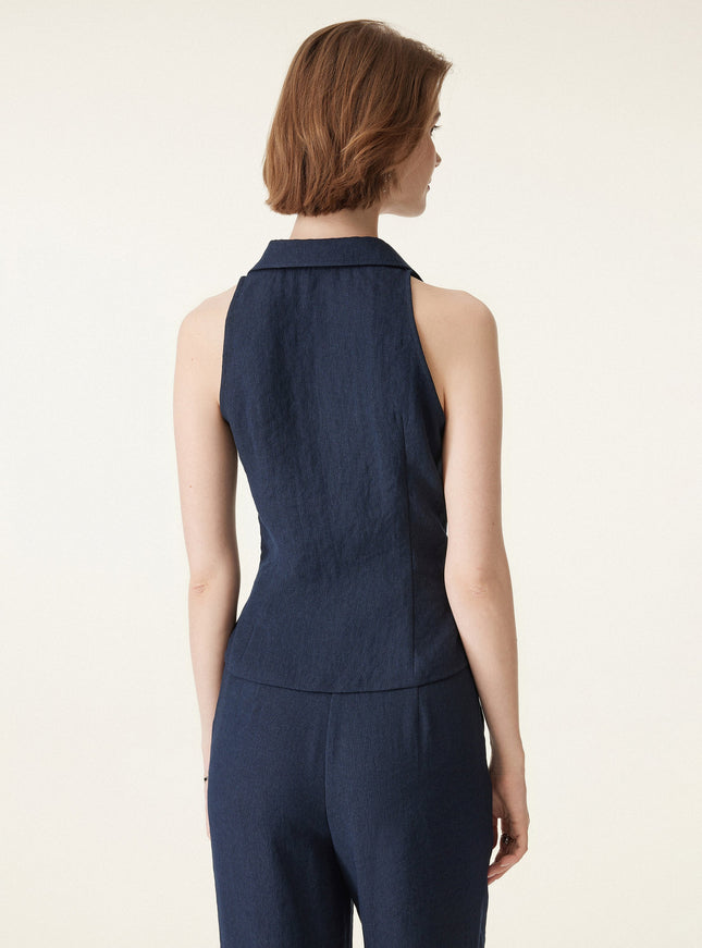 2Pcs Set Collared V-neck Sleeveless Top & Mid Rise Flared Pant with Pockets