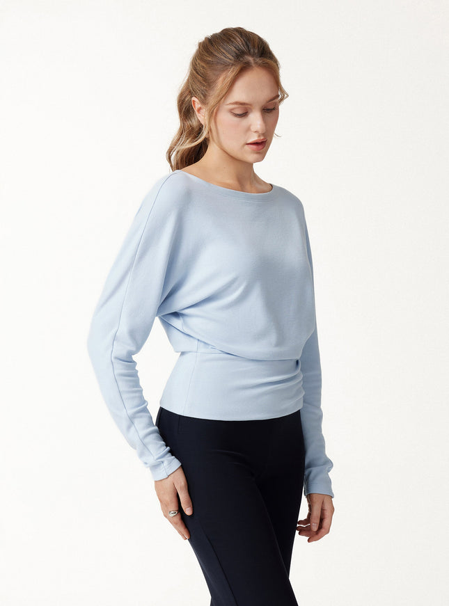 Slash Neck Batwing Sleeve Ruched Banded Hem Top