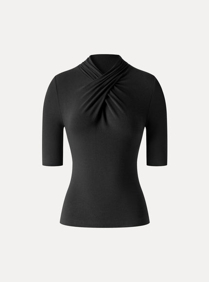 Crisscross Mock Neck Elbow Sleeve Ruched Top