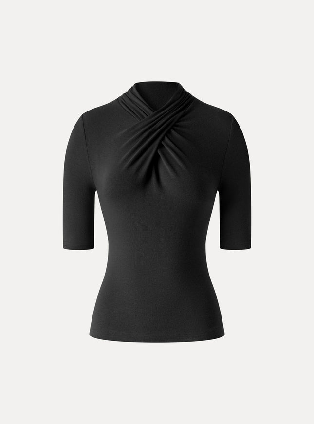 Crisscross Mock Neck Elbow Sleeve Ruched Top