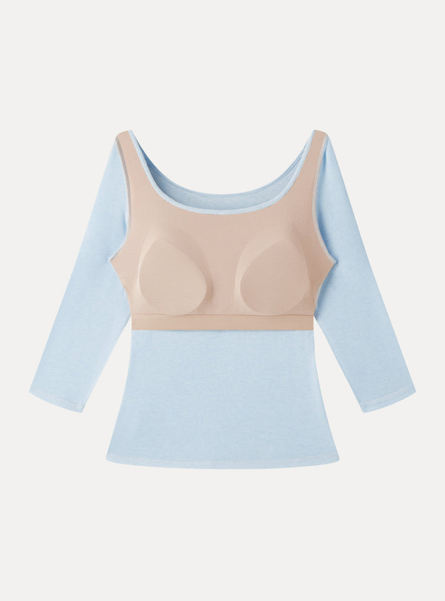 Lyocell-Wool Knit Scoop Neck 3/4 Sleeve Built-In Bra Top