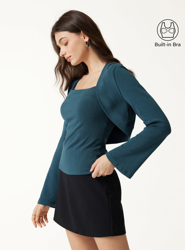 2-Piece Top Set Square Neck Spaghetti Strap Bell Sleeve Built-In Bra Cami