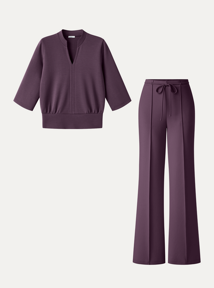 2Pcs Set V-Neck Elbow Sleeve Bam Top & High-Rise Flare Pants with Pockets