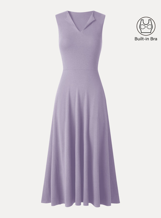 Ribbed Collared V-Neck Sleeveless A-Line Midi Built-In Bra Dress with Pockets