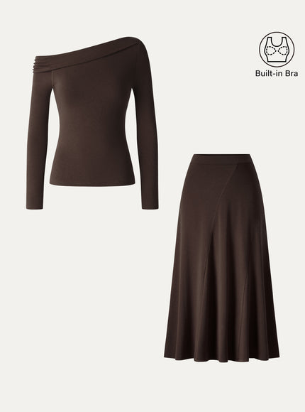 2Pcs Set Asymmetrical Built-In Bra Top & High-Rise A-Line Midi Skirt