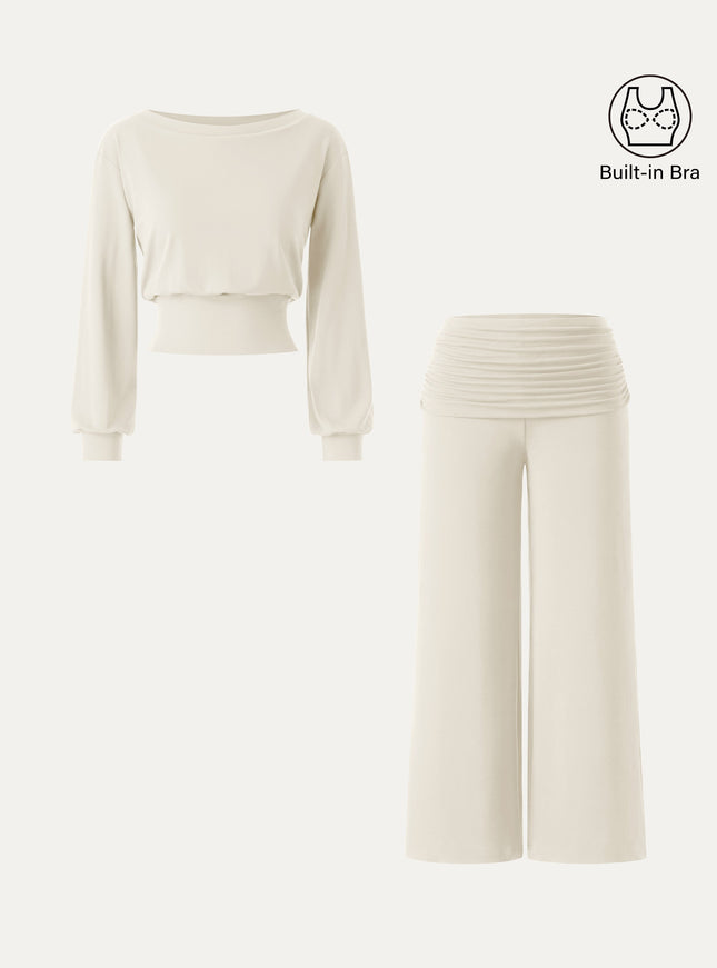 2Pcs Set Boatneck Built-In Bra & Drapey Wide Leg Pull-on Pants with Pockets