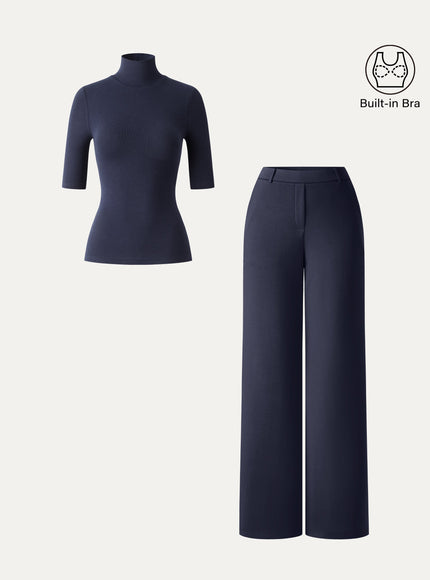 2Pcs Set Elbow Length Sleeve Built-In Bra Top & High-Rise Wide Leg Pants