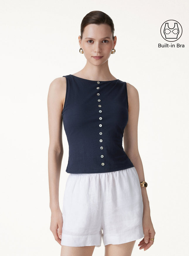 Cotton-Linen Boatneck Cropped Built-In Bra Top