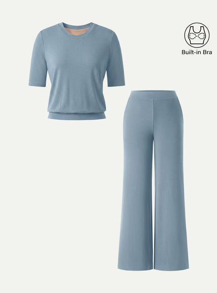 2Pcs Set Regular Mid Rise Wide Leg Pants & Crewneck Built-In Bra Top