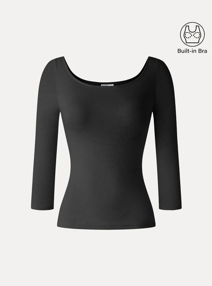 Lyocell-Wool Knit Scoop Neck 3/4 Sleeve Built-In Bra Top