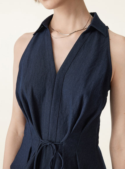 Collared V-neck Pleated Sleeveless Top with Drawstring