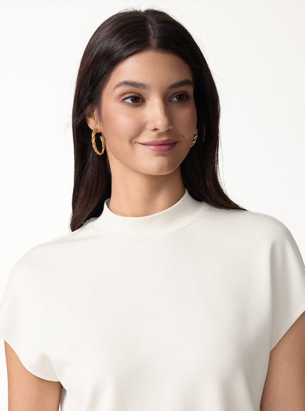 Modal Spacer Knit Mock Neck Cap Sleeve Banded Hem Top