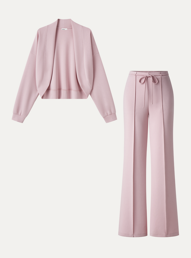 2Pcs Set Long Sleeve Drop-Shoulder Cardigan & High-Rise Flare Pants with Pockets