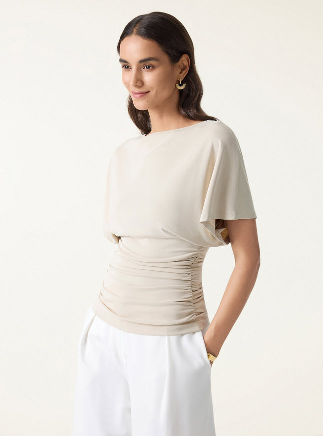 Effortless Boatneck Batwing Sleeve Side Ruched Top